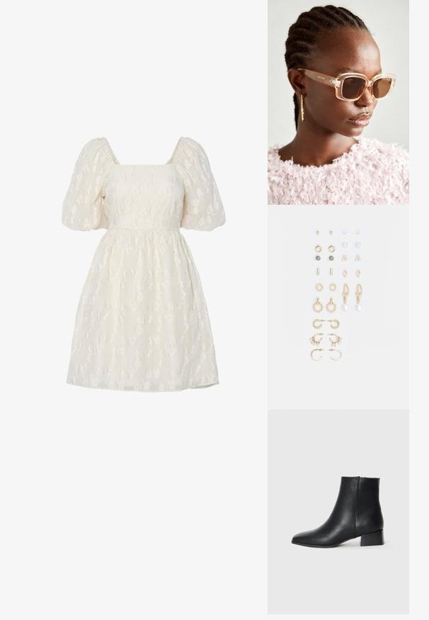 Fehér puffos ujjú ruha négyzet alakú nyakkivágással, textúrált virágmintás hímzéssel és ráncolt derékkal, könnyű anyagból készült.; Fekete bőr bokacsizma hegyes orral és alacsony tömbsarkal, sima textúrával és minimalista dizájnnal.; Beige, oversized napszemüveg átlátszó kerettel és barna árnyékolt lencsékkel, diszkrét virágos díszítéssel és merész, geometrikus formával.; Arany tónusú fülbevalók szettje, amely különféle mintákat tartalmaz, beleértve a stift fülbevalókat, karikákat és gyöngyökkel és strasszokkal díszített hosszú fülbevalókat.