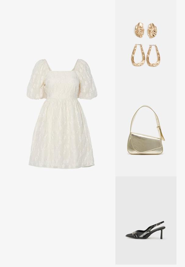 Rochie albă cu mâneci bufante și decolteu pătrat, având broderie florală texturată și talie strânsă, confecționată dintr-un material ușor.; Pantofii slingback din piele lăcuită neagră, cu vârf ascuțit, bretele pentru gleznă cu catarame și accesorii din argint, și un toc subțire.; Geantă de umăr metalică aurie cu un design structurat, textură netedă și curea reglabilă. Prezintă o formă triangulară unică și cusături minimaliste.; Cercei aurii cu forme texturate și ondulate. Include studs sculpturale cu clip și un design de cerc deschis cu un finisaj cioplit.