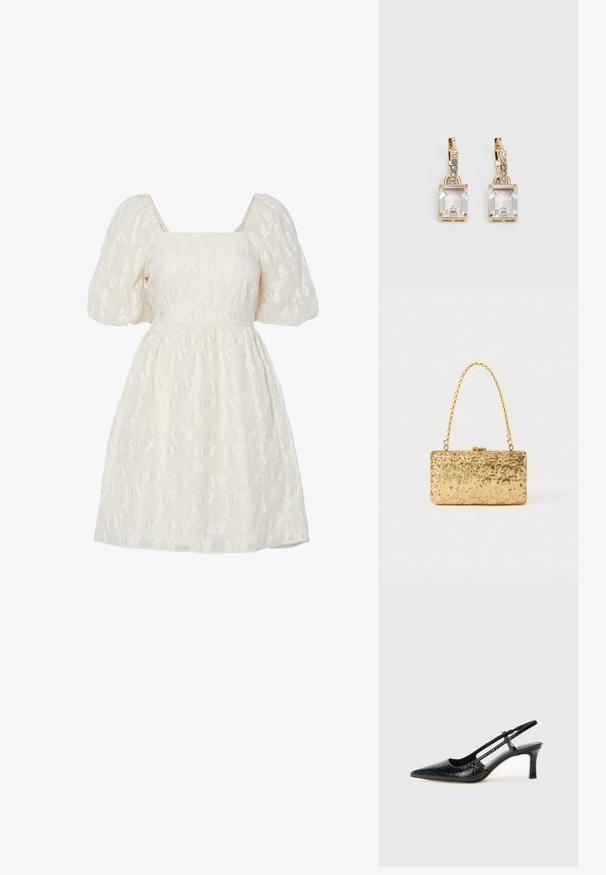 Fehér puffos ujjú ruha négyzet alakú nyakkivágással, textúrált virágmintás hímzéssel és ráncolt derékkal, könnyű anyagból készült.; Fekete lakk slingback sarok, hegyes orral, texturált kígyómintával, állítható pánttal és rövid, texturált tömbsarkal.; Arany flitteres clutch táska, téglalap alakú, csavart lánckarabinerekkel és fém záródással, mely fényt tükröz a textúrált felületének köszönhetően.; Aranyszínű fülbevalók, melyek egy téglalap alakú, tiszta kristállyal díszítették, ami egy sor kis, kerek, tiszta kiegészítő alatt lóg. Letisztult, modern dizájn.