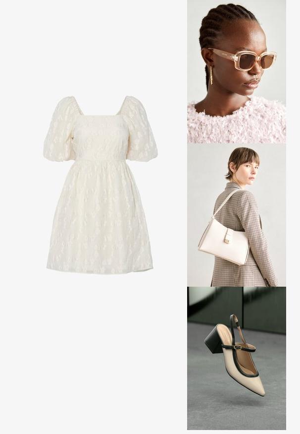Vit klänning med puffärmar och fyrkantig halsringning, som har strukturerad blommig broderi och en samlad midja, tillverkad av lättviktigt tyg.; Beige spetstoppad slingback-sko med svart kant, guldspänne och en kraftig blockklack på grått golv med mörkgrön bakgrund.; Beige oversized solglasögon med genomskinlig båge och bruna tonade linser, med subtila blommönster och djärv, geometrisk design.; Vit läderhandväska med en strukturerad design, med en magnetknäppning och en axelrem, visad mot en neutral bakgrund.