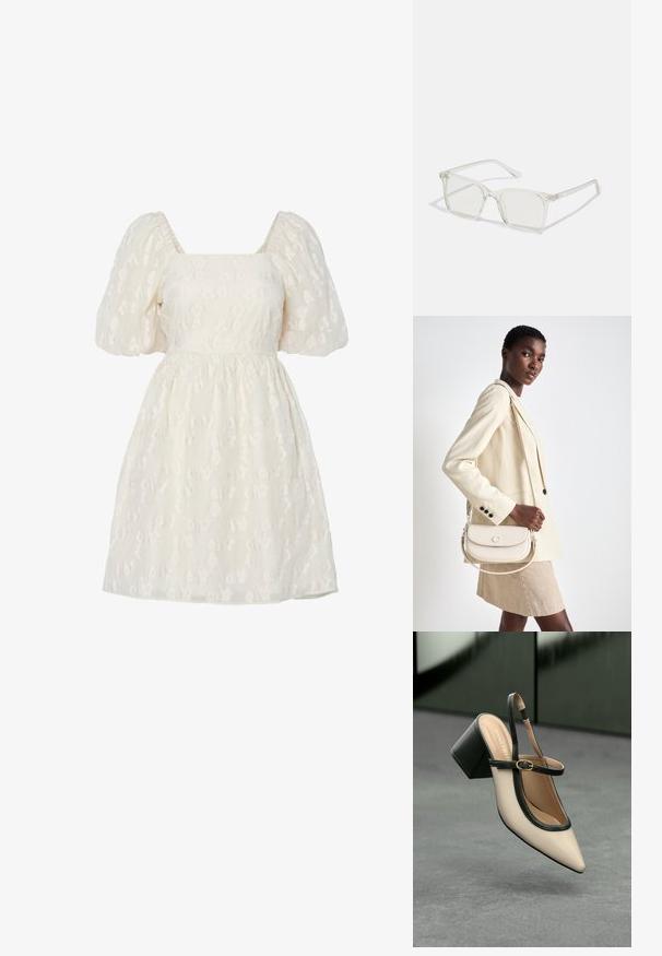 Fehér puffos ujjú ruha négyzet alakú nyakkivágással, textúrált virágmintás hímzéssel és ráncolt derékkal, könnyű anyagból készült.; Beige, hegyes orrú, pántos cipő fekete díszítéssel, arany csattal és vastag blokk sarokkal, szürke padlón, sötétzöld háttér előtt.; Átlátszó műanyag négyzet alakú szemüveg, áttetsző lencsékkel, arany díszítéssel a szárakon a fokozott részletekért.; COACH EMMY SADDLE BAG 23 - Kézitáska - chalk