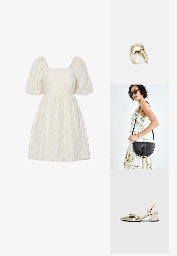 Weißes Kleid mit Puffärmeln und quadratischem Ausschnitt, verziert mit strukturierten Blumenstickereien und einer gerafften Taille, gefertigt aus leichtem Stoff.; Goldene, metallische Slingback-Absätze mit spitzem Zeh und dicker Ferse. Glatte Textur, minimalistisches Design und ein schmaler Riemen.; Schwarze Lederhandtasche mit geschwungener Form, abnehmbarem Tragegurt und goldenen Beschlägen. Die Tasche verfügt über einen Deckel mit einer Schnallen-Details.; Ohrringe aus goldfarbenem Metall mit einem schlanken, geschwungenen Design. Sie verfügen über eine markante, spitze Form, eine polierte Oberfläche und einen Scharnierverschluss.