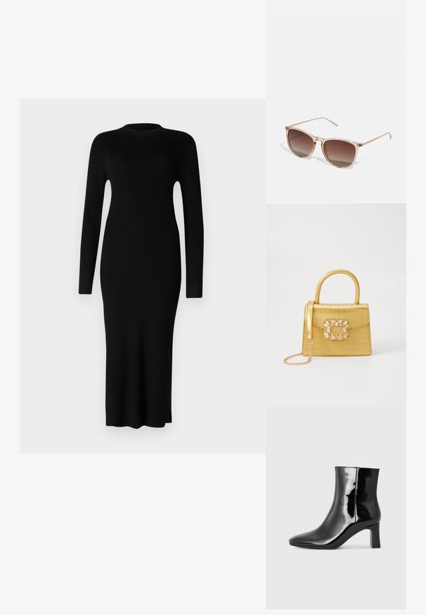 Černé žebrované midi šaty s dlouhými rukávy, kulatým výstřihem a bočním rozparkem. Vyrobeno z texturované pleteniny, těsně přiléhající silueta.; Černé lakované kotníkové boty s špičatou špičkou a středně vysokým blokovým podpatkem. Hladká textura a minimalistický design.; Hnědé sluneční brýle s gradientem, s průhledným růžovým rámem, čtvercovým tvarem a tenkými kovovými nohami. Charakterizovány zaoblenými hranami a minimálním zdobením.; Žlutá kabelka z umělé krokodýlí kůže se strukturovaným designem, horním uchopem, odnímatelným řetízkovým popruhem a dekoračním krystalovým zdobením na zapínání.