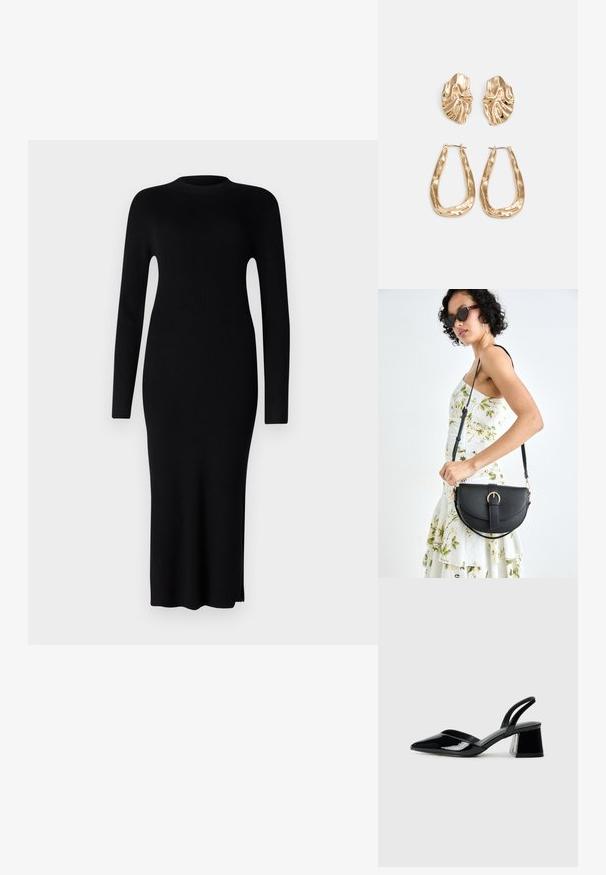 Vestido midi preto canelado com mangas longas, gola arredondada e fenda lateral. Feito de um tecido de malha texturizado, com silhueta ajustada.; Sandy em verniz preto com salto slingback, ponta afilada e salto geométrico. Apresenta um design elegante e minimalista com textura suave.; Bolsa de couro preta com forma curva, alça destacável e detalhes em dourado. A bolsa possui uma aba com detalhe de fivela.; Brincos em tom de ouro com formas onduladas e texturizadas. Inclui studs escultóricos com presilha e um design de argola aberta com um acabamento martelado.