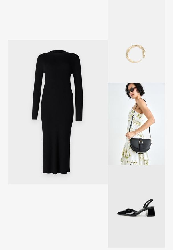 Juoda raukšlėta midi suknelė su ilgomis rankovėmis, apvaliu kaklu ir šonine plyšyje. Pagaminta iš tekstūruoto trikotažo, kūną apglėbianti siluetas.; Juodos lakuotos odinės šlepetės su smailiu pirštu ir geometriniu bloko kulnu. Turi elegantišką, minimalistinį dizainą ir lygų paviršių.; Juodas odinis krepšys su išlenkta forma, nuimamu dirželiu ir auksiniais detalėmis. Krepšys turi kilpą su sagtimi.; Auksinės spalvos žiedas, turintis organišką, sukimosi dizainą su lygiu paviršiumi ir siaurėjančiais galais, sukuriantis modernią skulptūrinę išvaizdą.