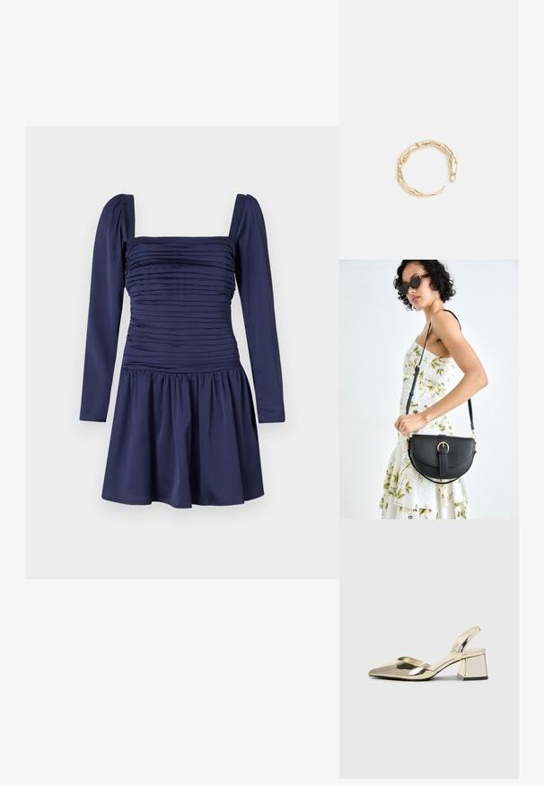 Mornarsko modra obleka z dolgimi napihnjenimi rokavi, nabrano telo in zložen krilo. Gladka tkanina z oblikovanim kvadratnim izrezom.; Zlati, kovinski slingback čeveljci z ostrim nosom in masivnim peto. Gladka tekstura, minimalistična zasnova in ozka zanka.; Črna usnjena torbica s ukrivljeno obliko, z odstranljivo naramnico in zlatimi dodatki. Torbica ima pokrov s podrobnostmi v obliki zaponke.; Zlati prstan s organskim, zvitim dizajnom, gladko površino in taperiranimi konci, ki ustvarja modernega, skulpturalnega videza.