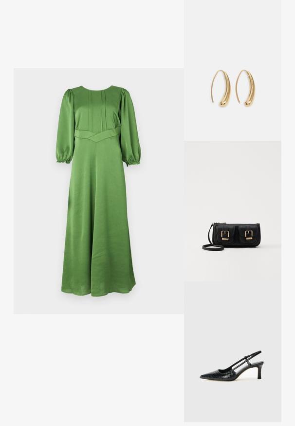 Πράσινο φόρεμα με μακριά μανίκια, φτιαγμένο από λείο ύφασμα, με εφαρμοστή κορσέ και φουσκωτό φούστα. Μανίκια με πούλιες και ελαστικές μανσέτες.; Μαύρη πατέντα σλινγκμπάκ γόβα με μυτερή μύτη, διαθέτει υφή από φίδι, ρυθμιζόμενο λουρί και κοντή, υφή τετράγωνη φτέρνα.; Μαύρη δερμάτινη τσάντα ώμου με δύο μπροστινές τσέπες, χρυσά κούμπωματα, κλείσιμο με φερμουάρ και λεπτό λουρί. Υφή επιφάνειας και κομψό ορθογώνιο σχήμα.; Χρυσές μεταλλικές σκουλαρίκια κρίκοι με καμπυλωτό, ελκυστικό σχήμα. Περιλαμβάνουν μια λεία, γυαλιστερή επιφάνεια και στρογγυλή άκρη για πρόσθετη λεπτομέρεια.
