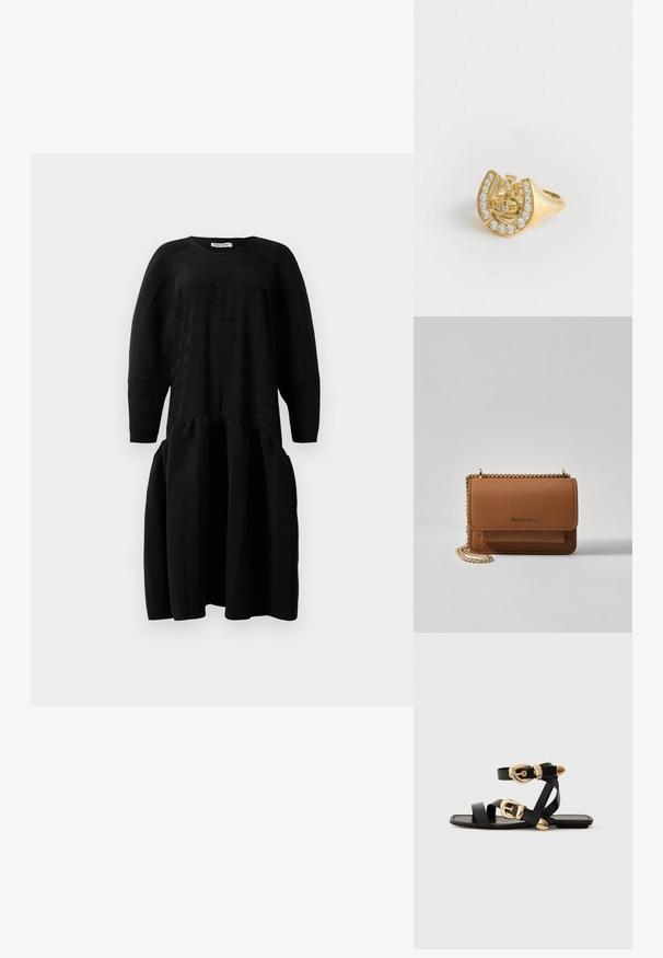 Črna midi obleka z dolgimi rokavi, nabranim pasom in okroglo izrezo, prikazana proti belemu ozadju.; Črne usnjene sandale z zlatimi zaponkami, ki imajo več trakov in ravno podplati za nošenje brez prstov.; Rjava teksturirana usnjena torba čez ramo z zlatim verižnim trakom in zapiranjem na pokrov. Spredaj je vidna podrobnost logotipa in žep pod pokrovom.; Zlati prstan s krožno zasnovo znotraj podkve, okrašen z majhnimi prozornimi dragulji, na beli podlagi.
