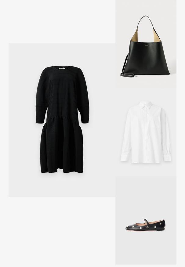 Črna midi obleka z dolgimi rokavi, nabranim pasom in okroglo izrezo, prikazana proti belemu ozadju.; Bela srajca z dolgimi rokavi iz bombaža, z klasičnim ovratnikom, gumbnim zapiranjem in enim žepom na levi strani.; Črne usnjene Mary Jane balerinke z zaobljenim noskom, opremljene z zlatimi krožnimi mošnjo in nastavljivim trakom z zaponko.; Črna usnjena torba s prostornim, angularnim dizajnom. Ima kontrastno rjavo notranjost in tanek narame na. Minimalistična blagovna znamka je prikazana.