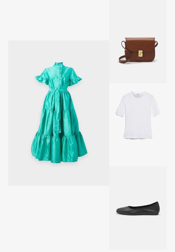 En lång turkos klänning gjord av glänsande tyg, med volangärmar, hög krage, knappslå fram och en lager på lager- kjol med midjeband.; Vit kortärmad t-shirt i ribbat tyg. Rund halsringning, normal passform och diskreta sömdetaljer. Inga mönster eller tryck.; Svart läderballerinaskor med rund tå, slät yta, minimala söm detaljer och en flexibel sula.; Brun läderhandväska med klaffstängning, guldfärgad hårdvara, axelrem och en slät yta. Kompakt rektangulär form.