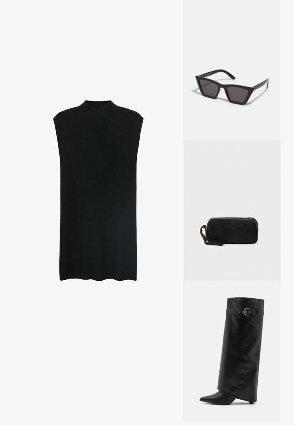 Czarna bezrękawnikowa tunika z wysokim dekoltem, miękka tkanina, luźny krój oraz prosty fason. Dół tuniki jest lekko zaokrąglony.; Even&Odd - Kozaki na obcasie; Czarne, kanciaste okulary przeciwsłoneczne z szarymi soczewkami; wykonane z plastiku, z grubymi zausznikami o gładkiej powierzchni i bez widocznych elementów metalowych.; Czarna zamszowa kopertówka z zapięciem na zamek i odpinanym paskiem na nadgarstek. Wyposażona w elementy w kolorze złotym oraz gładką, matową fakturę.