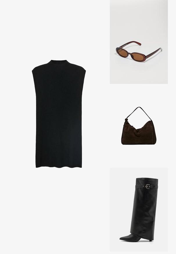 Svart ärmlös tunika med hög hals, mjukt tyg, lös passform och rak silhuett. Nederkanten är lätt rundad.; Even&Odd Högklackad stövel - black; Runda, bruntonade solglasögon med en glansig bordeauxfärgad ram. Smala bågar med subtilt varumärkesdetalj. Platt linsdesign.; Brun mocka hobo-väska med en mjuk, avslappnad form, som har en enkel axelrem och en subtil sömdetalj längs kanterna.