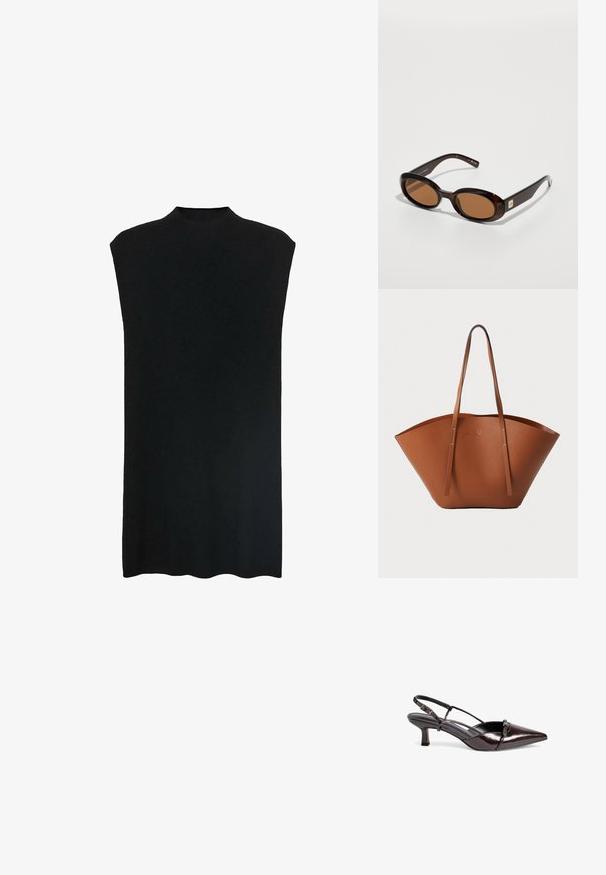 Czarna bezrękawnikowa tunika z wysokim dekoltem, miękka tkanina, luźny krój oraz prosty fason. Dół tuniki jest lekko zaokrąglony.; Brązowe lakierowane półbuty na słupku z zaokrąglonym czubkiem, małym obcasem, krzyżującymi się paseczkami oraz dekoracyjną kokardką z przodu.; Brązowe okulary przeciwsłoneczne w kształcie muszki z owalnymi soczewkami, z cienką oprawką i małym metalowym akcentem z boku. Teksturowane i wypolerowane wykończenie.; Brązowa skórzana torba tote o szerokim, usztywnionym kształcie, cienkich uchwytach i teksturowanym wykończeniu. Charakteryzuje się minimalistycznym designem bez widocznych elementów metalowych.