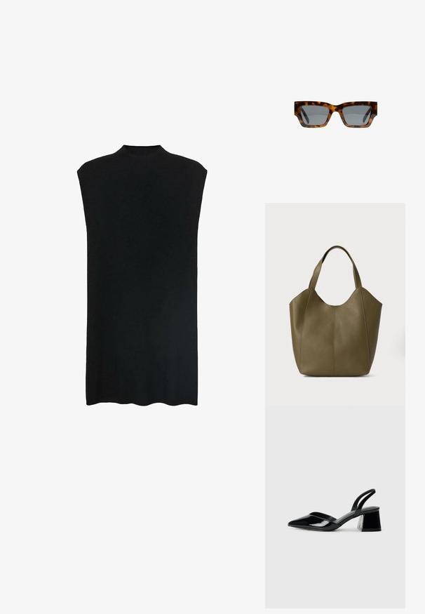 Mustava sleeveless tunika, jossa on korkea kaula-aukko, pehmeä kangas, väljä malli ja suora siluetti. Helmassa on hieman kaareva muoto alhaalla.; Mustat patentoitu nahkakengät, joissa on säären takaosa ja terävä kärki, sekä geometrinen palikkakorko. Sisältää tyylikkään, minimalistisen muotoilun ja sileän pinnan.; Kilpikonnakuosiset aurinkolasit, joissa on kulmikkaat kehykset, harmaat linssit ja sileä pinta. Ominaisuuksiin kuuluu rohkea geometrinen muotoilu ja paksut templet.; Oliivivärinen nahkakassi, jossa on kaksoisremmit, sileä pinta ja neljän paneelin muotoilu. Vahvistettu ompelu saumoissa kestävyyden takaamiseksi.