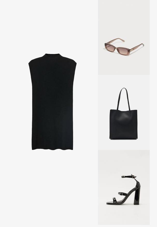 Črna brezrokavna tunika z visokim ovratnikom, mehke tkanine, ohlapnega kroja in ravne silhuete. Rob je na dnu rahlo ukrivljen.; Črne lakirane sandale s peto, kvadratnim prstom, trakovi okrog gležnja in srebrnimi zaponkami. Opremljene so s stabilno Debelo peto.; Svetlo rjave sončne očala s pravokotnimi lečami in tankimi okvirji. Imajo sijajen zaključek z discetnim logotipom na strani.; Črna usnjena torba s svilnato teksturo, pravokotne oblike in dvema dolgima ročajema. Brez vidnih metalnih delov ali okrasnih elementov.