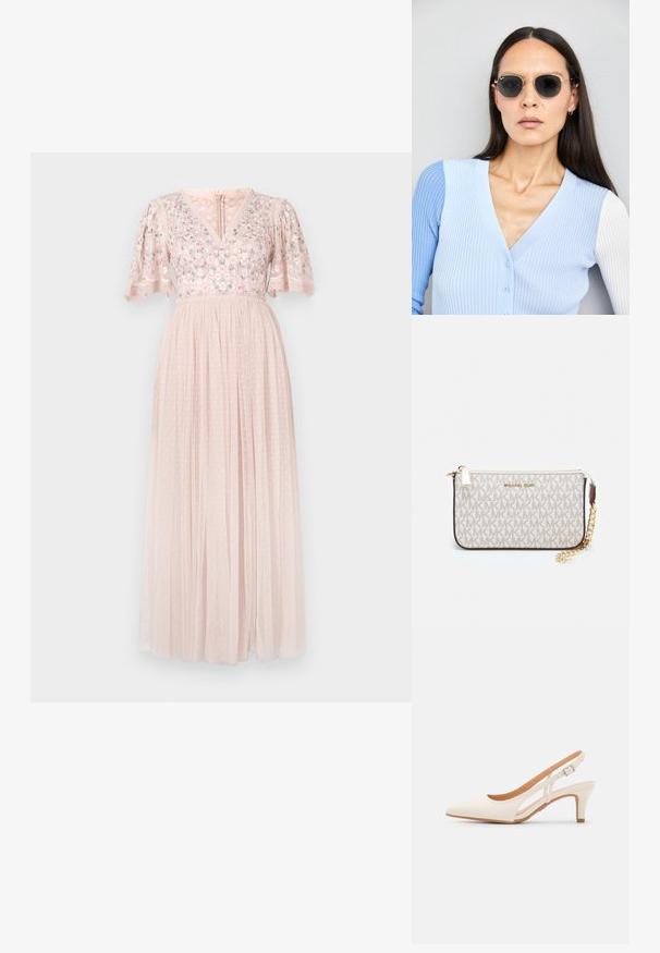 Needle & Thread ROSIE BODICE SHORT SLEEVE V NECK GOWN - Iltapuku - pearl pink; Valkoinen slingback-korkokenkä, jossa on terävä kärki, sileä päällismateriaali, matala lohkokorko ja sivuaukko-design säädettävällä soljella.; Pyöreät aurinkolasit, joissa on tummat linssit ja kultaiset kehykset. Mallilla on päällään vaaleansininen, ribatusta materiaalista valmistettu neuletakki, jossa on napit ja kontrastiväriset valkoiset hihat.; Michael Kors kääröbeige pinnoitettua kangasta, jossa on toistuva MK-logo -kuvio, kultaiset yksityiskohdat ja irrotettava ketjuhihna.