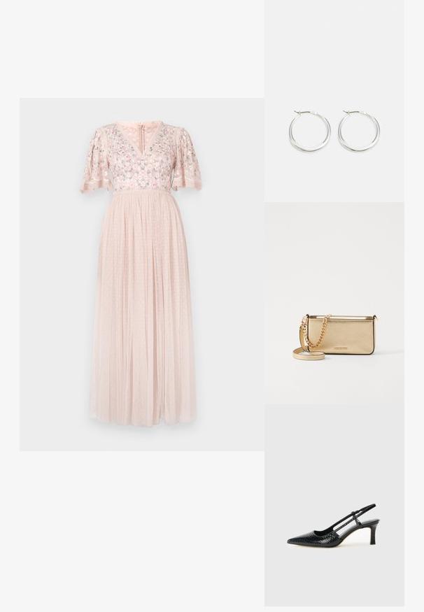 Needle & Thread ROSIE jasnoróżowy; Czarne lakierowane czółenka na obcasie typu slingback z wąskim noskiem, z teksturowanym wzorem wężowym, regulowanym paskiem oraz krótkim, teksturowanym obcasem w kształcie słupka.; Metaliczna złota skórzana kopertówka z teksturowanym wykończeniem, z złotą łańcuszkową rączką i odpinanym paskiem na ramię. Wytłoczone logo marki.; Srebrne kolczyki w formie kół mają gładki, zaokrąglony design z cienkim profilem i bezpiecznym zapięciem. Minimalistyczny styl z polerowanym wykończeniem.