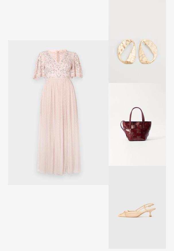 Needle & Thread ROSIE BODICE SHORT SLEEVE V NECK GOWN - Ballkleid - pearl pink; Stuart Weitzman KITTY - Pumps - beige/barely beige; Geflochtene bordeauxfarbene Lederhandtasche mit zwei kurzen Griffen und einem abnehmbaren Schultergurt. Sie hat eine strukturierte Form und eine glatte Textur.; Ein Paar unregelmäßige, oval geformte Ohrringe aus goldfarbenem Metall mit einer strukturierten, leicht gehämmerten Oberfläche auf weißem Hintergrund.