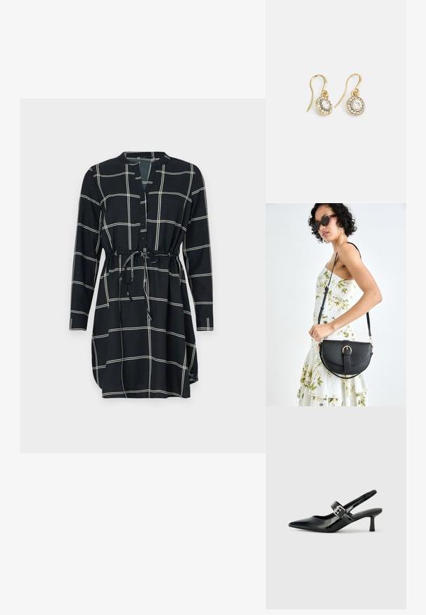 Črna obleka z belim karo vzorcem, dolgimi rokavi, gumbasto zapenjanje spredaj in pasom za prilagodljivo prileganje. Gladka tekstura tkanine.; Črne patent usnjene slingback pete s koničastim nosom in majhnim blok peto, ki vključujejo srebrno zaponko na traku.; Črna usnjena torbica s ukrivljeno obliko, z odstranljivo naramnico in zlatimi dodatki. Torbica ima pokrov s podrobnostmi v obliki zaponke.; Zlato obarvani uhani z ovalnimi prozornimi kristali, ki jih obdajajo manjši prozorni kamenčki, s sistemom za oblačenje za varno nošenje.