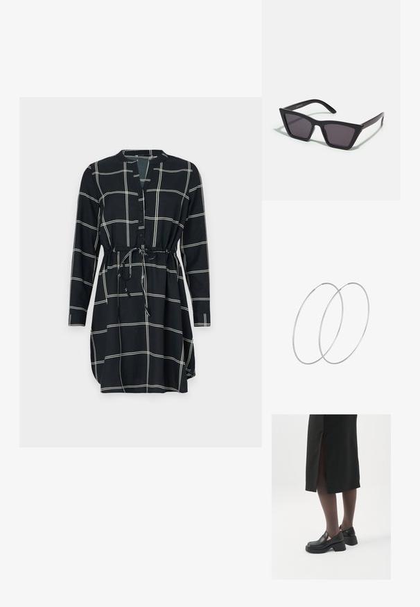 Vestido negro con un patrón de cuadrícula en blanco, mangas largas, cierre frontal con botones y una cintura con cinturón para un ajuste ajustable. Textura de tela suave.; Zapatos de piel negra con punta redondeada, tacón grueso y bloque, y acentos elásticos en los laterales, combinados con unos pantys oscuros y una falda negra con una abertura.; Gafas de sol negras y angulares con lentes grises; fabricadas en plástico, con varillas gruesas de superficie suave y sin herrajes visibles.; Pendientes de aro plateados con un diseño minimalista. Forma circular, textura suave y perfil delgado. Livianos con un acabado pulido.