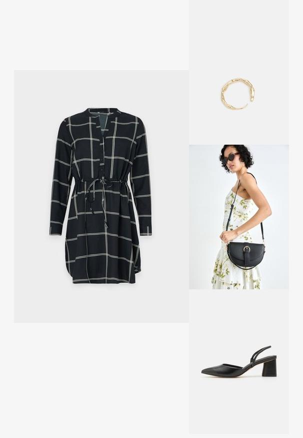 Melna kleita ar baltu režģa rakstu, garām piedurknēm, pogām priekšpusē un jostu vidukļa regulēšanai. Gluda auduma tekstūra.; Melnas, norādītas, siksnas apavi ar atvērtu papēdi, izgatavoti no gludas ādas, ar zemu kvadrātveida papēdi un tievām siksniņām aizmugurē drošai piegulšanai.; Melnas ādas rokassoma ar izliekta formu, noņemamu siksnu un zelta aksesuāriem. Somai ir vāciņš ar sprādzes detaļu.; Zelta toņa gredzens ar organisku, vērptu dizainu, gludu virsmu un sašaurinātiem galiem, radot mūsdienīgu, skulpturālu izskatu.