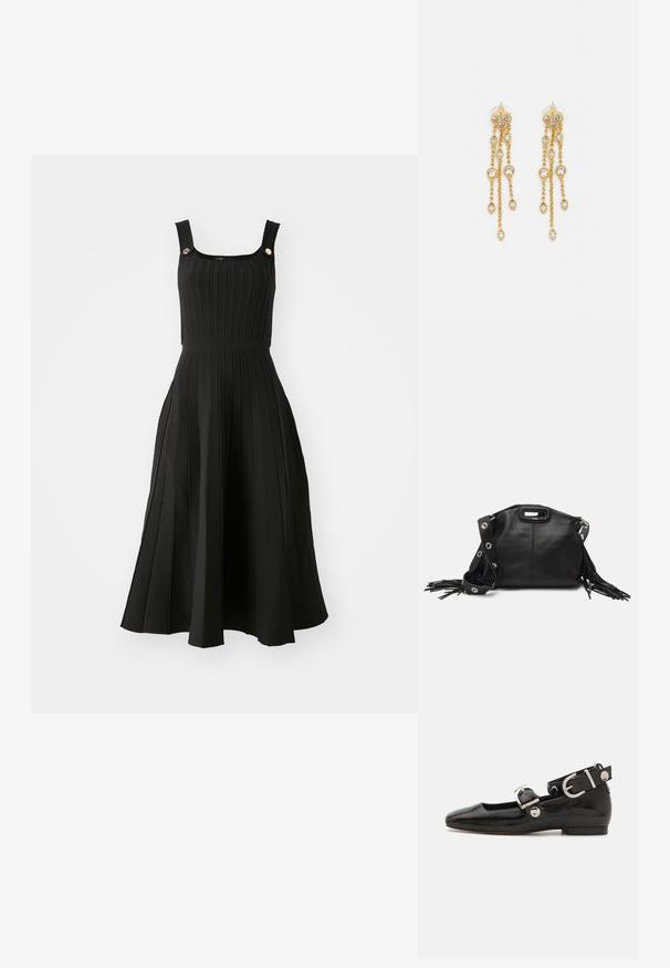 Maje RUPLEATSA - Džemperkleita - noir; Melnas laika patenta ādas dzīvokļu kurpes ar kvadrātu purngalu, potītes siksna ar sudraba furnitūru un platu zoli. Gluda tekstūra ar minimālu dizainu.; Maje MISS MINI - Plecu soma - noir; Zelta tonī auskari ar vairākiem kaskādes ķēdēm, kas rotāti ar caurspīdīgiem ovāliem rhinestone akcentiem un dekoratīvām pīrsingiem.