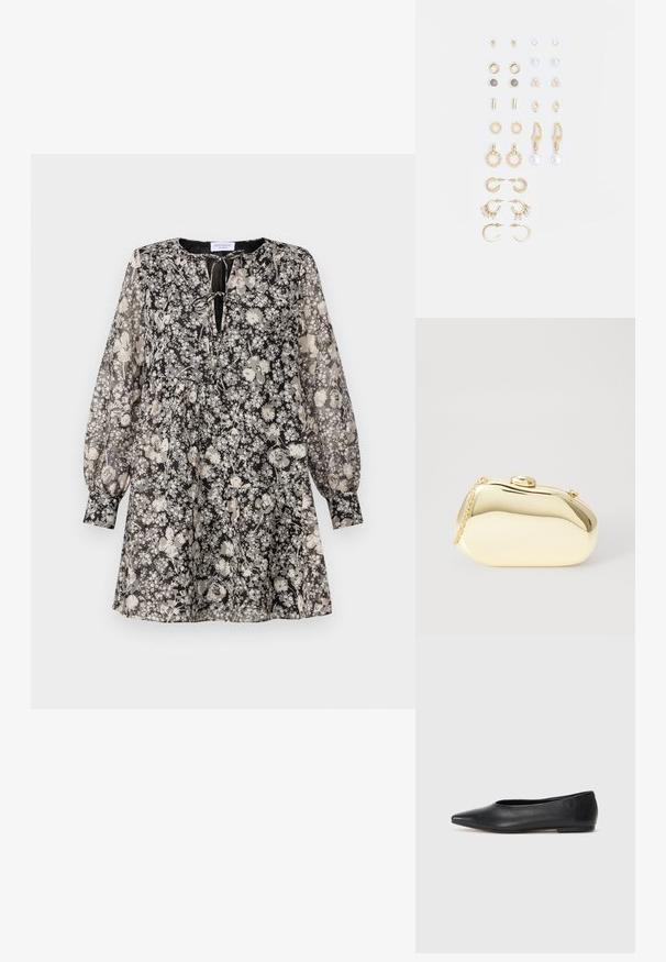 Svart-hvitt blomstermønster kjole med lange, puffede ermer, rund halslinning og knytedetalj foran; stoffet ser lett og gjennomsiktig ut.; Sorte lærballerina med spiss tå, minimalistisk design, glatt tekstur, lav hæl uten synlig metall eller dekorasjoner.; Metallisk gull clutch med en glatt, rund form, med en toppknapp-lås og et lite kjede for bæring.; Sett med gullfargede øredobber med ulike design, inkludert stikkere, hoops og hengende deler med perler og rhinestones.