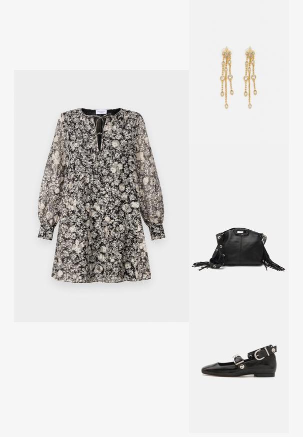 Črno-bela cvetna obleka z dolgimi napihnjenimi rokavi, okroglim izrezom in detajlom z vezanjem spredaj; tkanina se zdi lahka in prosojna.; Črne lakaste balerinke s kvadratnim prstom, trakovi okrog gležnja z zlatimi dodatki in ravnim podplatom. Gladka tekstura z minimalističnim dizajnom.; Maje MISS MINI - Torba čez telo - noir; Zlato-tonirane uhane z več kaskadnimi verigami, ki vključujejo prozorne ovalne kamenčke in okrasne zgornje dele.