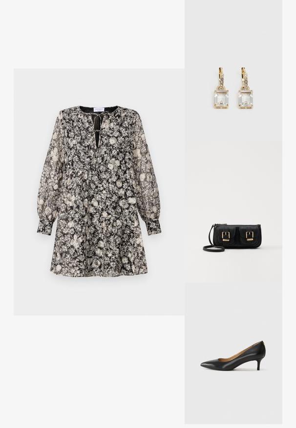 Črno-bela cvetna obleka z dolgimi napihnjenimi rokavi, okroglim izrezom in detajlom z vezanjem spredaj; tkanina se zdi lahka in prosojna.; Črne usnjene črpalke s koničastim nosom, nizko peto in gladko teksturo. Imajo rahlo odprtino spredaj in minimalno opremo zadaj.; Črna usnjena torbica čez ramo z dvema sprednjima žepoma, zlatimi zaponkami, zadrgo in ozkim pasom. Tekstura površine je strukturirana, obliko pa ima kompaktno pravokotno.; Zlato obarvani uhani, ki vsebujejo pravokoten, prozoren kristal, obešen pod vrsto majhnih, okroglih prozornih dodatkov. Elegantna, moderna zasnova.