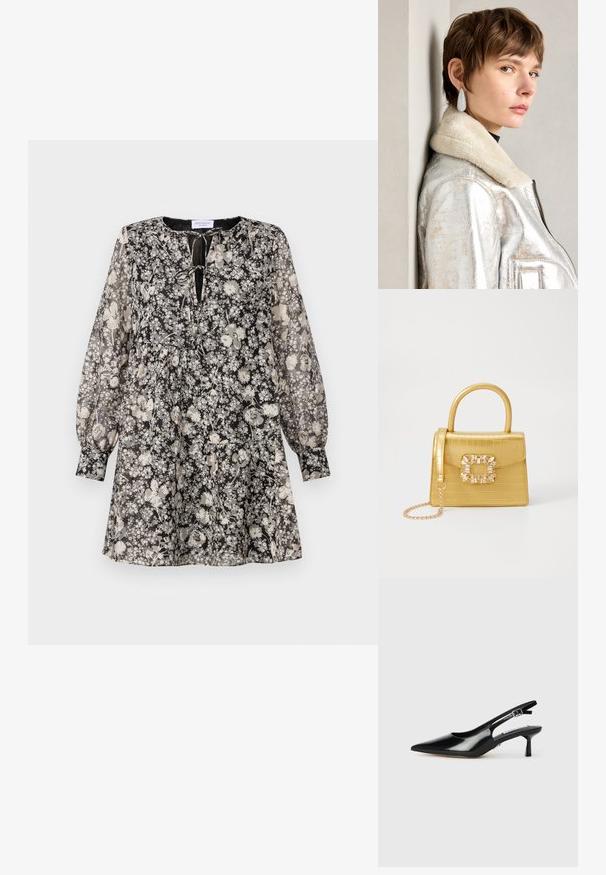 Musta-valkoinen kukkamekko, jossa on pitkät, puffimaista tyyliä olevat hihat, pyöreä kaula-aukko ja nauhakiinnitys edessä; kangas näyttää kevyeltä ja läpikuultavalta.; Mustat patenttimokkaiset slingback-korkokengät, joissa on terävä kärki, ohut korko ja säädettävä solkikiinnitys. Sileä pinta vähäisellä yksityiskohdalla.; Keltainen keinonahkainen krokotiililaukku, jossa on jämäkkä muotoilu, yläkahva, irrotettava ketjusanka ja koristeellinen kristallikoristelu lukossa.; Hopealaisia metallisia nahkatakkeja, jossa on turkis kaulus, varustettuna vetoketjulla ja teksturoidulla pinnalla. Suuret pisaramuotoiset korvakorut, joissa on kirkkaat jalokivet.