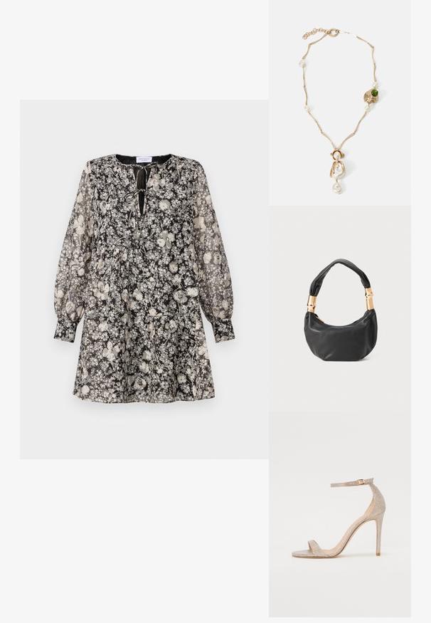 Fekete-fehér virágminta ruha hosszú, puffos ujjakkal, kerek nyakkivágással és megkötős részlettel; az anyag könnyűnek és áttetszőnek tűnik.; Fém rózsaarany színű, pántos magassarkú szandál, texturált felsőrésszel, nyitott orral és arany csattal díszített bokapánttal.; Fekete bőr kézitáska kerek formával, puha textúrával és csomózott fogantyúval, aranyszínű fém díszítéssel. Cipzáras záródás.; Arany színű nyaklánc csavart láncszemekkel, fehér gyöngyökkel és zöld kő díszítéssel. Bonyolult részletekkel rendelkezik, és zárómechanizmussal van ellátva.