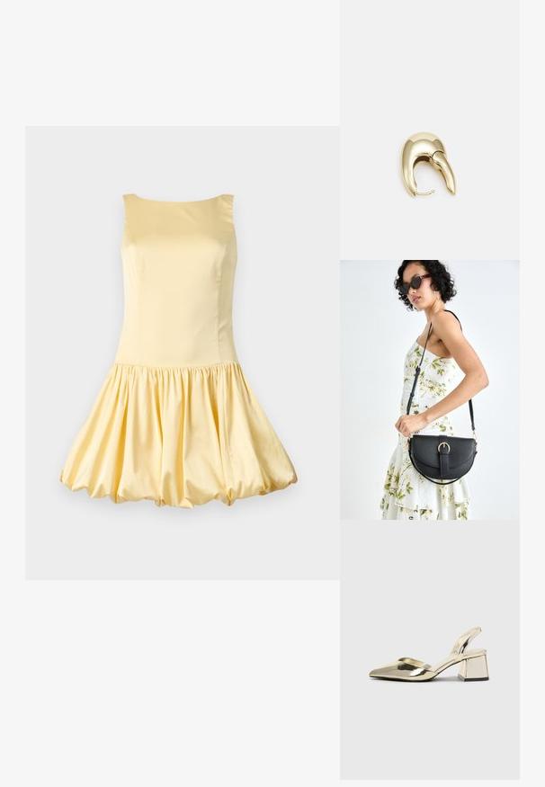 Rochie galbenă fără mâneci, confecționată dintr-un material neted, având un corset ajustat și o fustă evazată, plisată, care formează o siluetă asemănătoare unui balon.; Pantofi cu toc slingback metalici aurii, cu vârf ascuțit și toc chunky. Textură netedă, design minimalist și o curea subțire.; Geantă din piele neagră, cu o formă curbată, curea detașabilă și accesorii aurii. Geanta are un capac cu un detaliu tip cataramă.; Cercei din metal de culoare aurie cu un design elegant și curbat. Prezintă o formă distinctivă, ascuțită, o suprafață lustruită și un sistem de închidere cu balama.