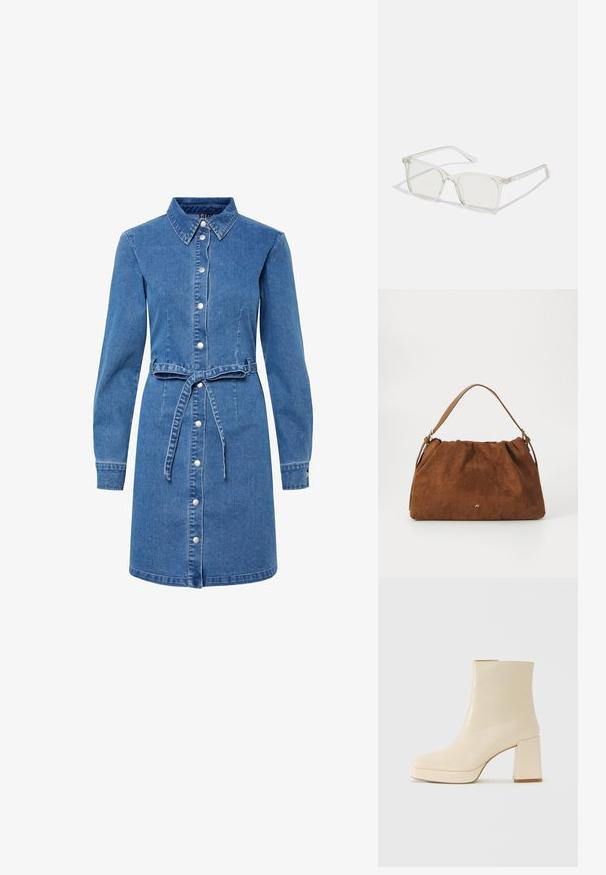 Rochie din denim cu guler, mâneci lungi, închidere cu nasturi în față și curea legată în talie. Are o culoare albastră deschisă și o textură moale.; Cizmă de gleznă din piele bej, cu toc pătrat și talpă platformă, cu un finisaj neted și vârf ușor pătrat, orientată spre stânga pe fundal alb.; Ochelari de vedere cu rame pătrate din plastic transparent, dotate cu lentile translucide și accente aurii pe temple pentru un detaliu suplimentar.; Geantă din suede maro cu un design plisat, având o curea din piele bej și un detaliu subtil cu logo auriu în partea din față.