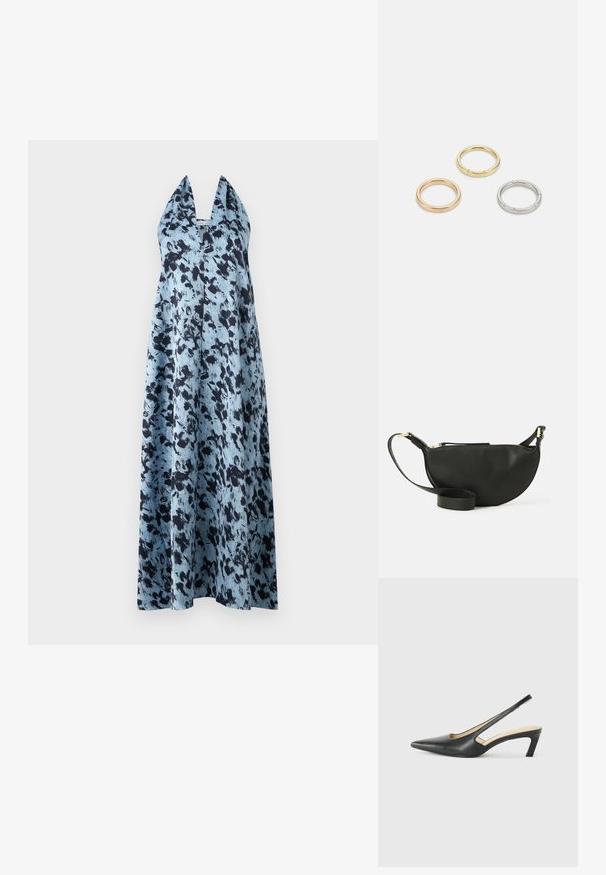 Plava i crna uzorčasta halter maxi haljina s dubokim V-izrezom i slobodnom, lepršavom siluetom, izrađena od laganog materijala.; Crne cipele s izduženim vrhom i remenom oko pete, s niskom petom, izrađene od glatke kože i s izrezbarenom stranom radi prozračnosti.; Crna kožna torbica preko tijela u obliku polumjeseca, teksturirana površina, zlatni zatvarač i ravni remen. Kompaktni dizajn prikladan za osnovne stvari.; Tri metalne prstenove: jedan od rose zlata, jedan od zlata s teksturiranim akcentima i jedan od srebra, svi s ugraviranim logotipom na unutarnjoj strani.