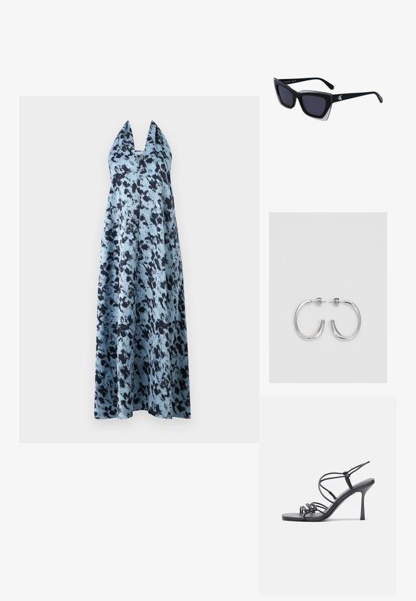 Plava i crna uzorčasta halter maxi haljina s dubokim V-izrezom i slobodnom, lepršavom siluetom, izrađena od laganog materijala.; Crne sandale na visokoj potpetici imaju tanke trake s čvorastim dizajnom, glatki kvadratni vrh i elegantnu stiletto petu.; Crne oversize sunčane naočale geometrijskog oblika, s tamnim staklima i kontrastnom sivom dekoracijom na okviru. Logo na dršci.; Srebro naušnice u obliku prstena s glatkom, sjajnom završnom obradom. Zaobljenog oblika, laganog dizajna, s kopčom na poleđini.