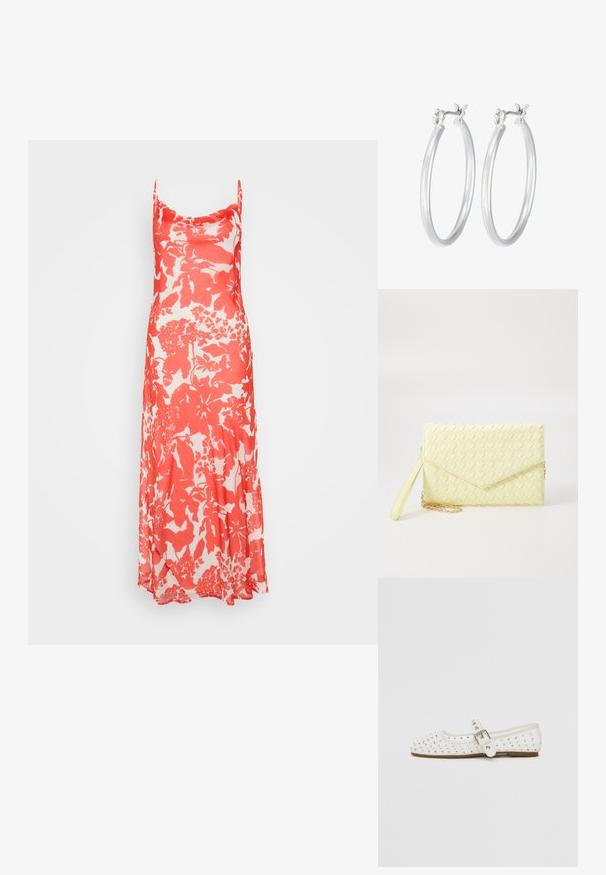 Raudona ir balta gėlių maksi suknelė su spageti petnešėlėmis, plazdančia siluetu, minkšta tekstūra ir subtiliu blizgesiu.; Balti plokšti batai su smailiu nosiu, puošti sidabrinėmis smeigėmis, turi sagtį per pėdos vidurį ir šviesiai rudą padą.; Geltona audinė piniginė su užsegimu, nuimamą rankinę juostą ir auksinį akcentą. Lygi tekstūra ir stačiakampis forma.; Sidabriniai auskarai su sklandžiu, poliruotu paviršiumi. Apvalios formos ir saugus uždarymo mechanizmas. Lengvas dizainas, tinkantis kasdieniam dėvėjimui.
