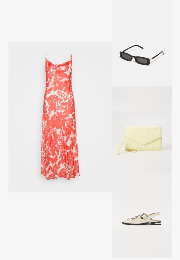Kwiecista sukienka maxi w kolorze czerwonym i białym, z cienkimi ramiączkami, lekko opadającą sylwetką oraz miękką teksturą o subtelnej poświacie.; Sandały typu slingback z białej skóry, z wieloma szerokimi paskami i srebrnymi klamrami; płaska podeszwa z małym czarnym obcasem i metalicznymi akcentami.; Czarnie prostokątne okulary przeciwsłoneczne z ciemnymi soczewkami, błyszczącymi plastikowymi oprawkami i złotymi akcentami na zausznikach. Minimalistyczny design i smukły kształt.; Żółty pleciony portfel kopertowy z klapką, odczepianym paskiem na nadgarstek i złotym akcentem łańcuszka. Gładka tekstura i prostokątny kształt.; Złote kolczyki w kształcie kółek o gładkim, błyszczącym wykończeniu. Okrągły design z małym klipsem i przezroczystym zapięciem zapewniającym bezpieczne noszenie.