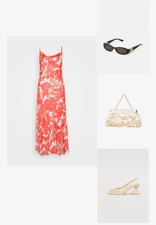 Ziedu maksi kleita sarkanā un baltā krāsā ar spageti siksniņām, plūstošu siluetu un maigu tekstūru ar smalku spīdumu.; Beige siksnīšu kurpes ar perforētu augšējo daļu, smailu purngalu un kontrastējošu trīsstūra papēdi, kas rotāta ar zeltu. Kopumā gluda tekstūra.; Tīģerbrūnā sauļošanās brillēm ar izstieptām ovālām lēcām, brūnu tonējumu, zeltītiem logotipa akcentiem uz tempļiem un plānām melnām kājām.; Balta ziedu somiņa ar savelktu auduma virsmu, zeltīta toņa ķēdes siksna un metāla sprādze. Iekļautas teksturētas ziedlapiņas papildus detaļām.