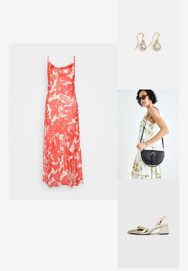 Květinové maxi šaty v červené a bílé barvě s ramínky na spaghetti, splývavým střihem a měkkou texturou s jemným leskem.; Kovové zlaté pantofle na podpatku s špičatou špičkou a masivním podpatkem. Hladký povrch, minimalisticý design a úzký pásek.; Černá kožená kabelka s křivkovým tvarem, odnímatelným popruhem a zlatými detaily. Kabelka má klopu s přezkou.; Náušnice ve zlatém tónu s oválnými průhlednými krystaly obklopenými menšími průhlednými kameny, se zapínáním na háček pro bezpečné nošení.