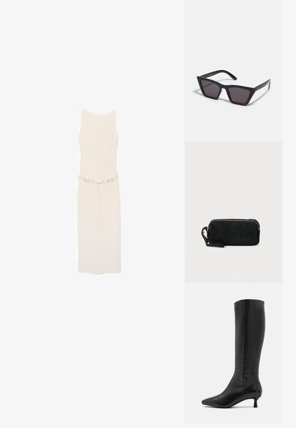 Rochie fără mâneci, de lungime până la genunchi, în crem deschis, cu o curea decorativă ce prezintă embellishments rotunde la talie. Design simplu și elegant.; Zign Cizme - black; Ochelari de soare negri, unghiulari, cu lentile gri; fabricați din plastic, având brațe groase cu o suprafață netedă și fără hardware vizibil.; Geantă de mână din suede negru, cu închidere cu fermoar și bretea detașabilă pentru încheietura mâinii. Dispune de accesorii din metal aurit și o textură netedă, mată.