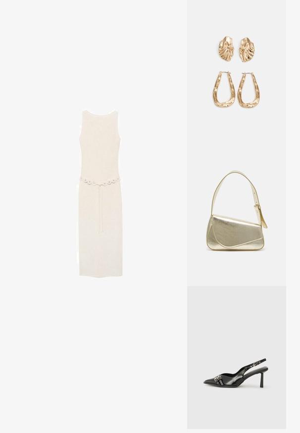 Kratka, brezrokavna obleka do kolen v svetlo kremni barvi z okrasnim pasom, ki ima okrogle okraske v predelu pasu. Preprost in eleganten dizajn.; Črne patentne usnjene sandale s koničastim nosom, zankami okoli gležnja s srebrnimi sponkami in opremo ter vitkimi petami.; Zlata metalna torbica z urejenim dizajnom, gladko teksturo in nastavljivim trakom. Ima edinstveno trikotno obliko in minimalistično šivanje.; Zlato obarvani uhani z teksturiranimi, valovitimi oblikami. Vključujejo skulpturalne sponke za ušesa in odprto obliko obročka s kladivastim finišem.