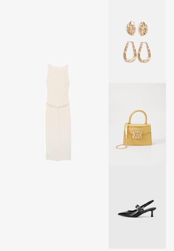 Ærmeløs, knælang kjole i lys creme med et dekorativt bælte med runde udsmykninger i taljen. Simpelt og elegant design.; Sorte laker slingback hæle med spids tå og en lille blokhæl, med en sølvspændeaccent på remmen.; Gul faux-krokodille skuldertaske med struktureret design, top-håndtag, aftagelig kædetraske og dekorativ krystaldekoration på låsen.; Guldtonede øreringe med teksturerede, bølgede former. Inkluderer skulpturelle clips og en åben ringdesign med en hamret finish.
