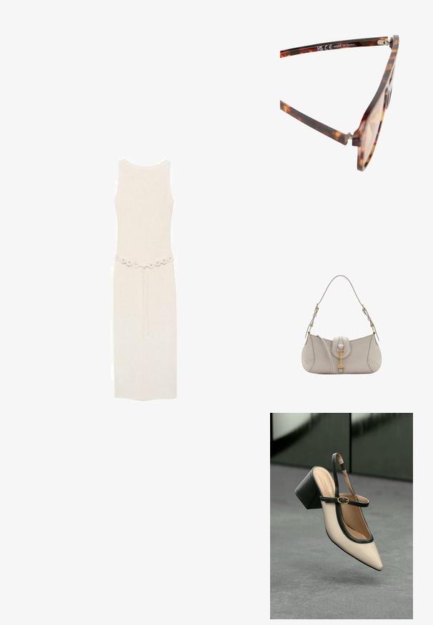 Ærmeløs, knælang kjole i lys creme med et dekorativt bælte med runde udsmykninger i taljen. Simpelt og elegant design.; Beige spids tå slingback sko med sort kant, guld spænde og en chunky blokhæl på grå gulv med mørkegrøn baggrund.; Solsorte briller med skildpadde-mønster, brune linser, plastisk stel og diskrete metaldetaljer ved hængslerne. Fremstillet i Kina.; Lys grå lædertaske med en buet form, guldhardware, en lås foran og syede detaljer. Justerbar skulderrem inkluderet.