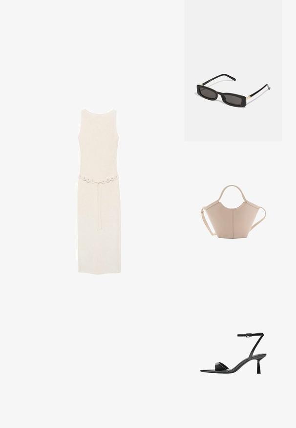 Mouwloze, knie-lange jurk in lichtcrème met een decoratieve riem met ronde versieringen op de taille. Eenvoudig en elegant ontwerp.; Bershka Sandalen met hoge hak - black; Zwarte rechthoekige zonnebril met donkere lenzen, glanzende plastic monturen en gouden accenten op de slapen. Minimalistisch ontwerp en elegante vorm.; Beige leren handtas met een unieke vorm, voorzien van twee korte handvatten en een lange verstelbare schouderriem. Glad oppervlak met minimale hardware.