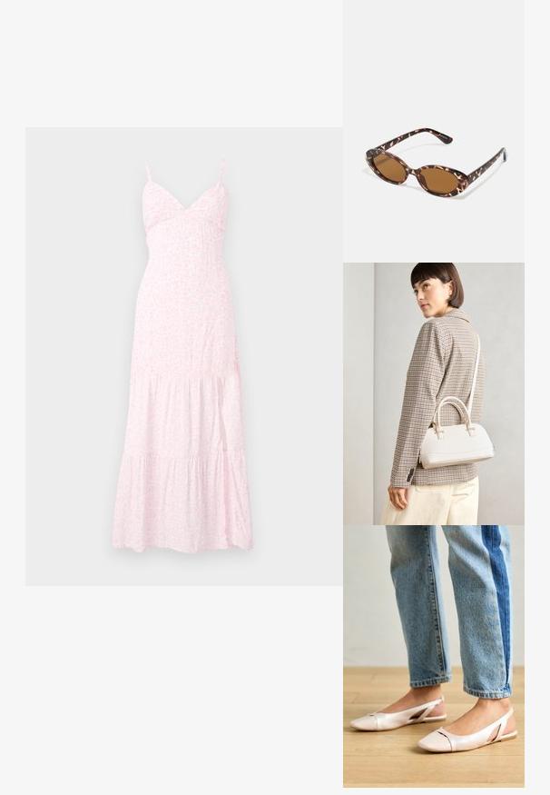 Ljusrosa blommig maxiklänning med tunna axelremmar, en figursydd bodice och flerlagers volanger i fållen. Tillverkad av mjukt, lätt tyg.; Ljust rosa slingback-lägenheter med spetsig tå, tillverkade av ett slätt läderliknande material. Har utskurna detaljer på sidorna och en platt häl.; Sköldpaddsmönstrade solglasögon med ovala linser, bruntonade, tunna bågar med texturerat mönster, lätt plastbåge.; Vitt strukturerat handväska med korta handtag och en axelrem, med gyllene detaljer och texturerat material, visad mot en grå bakgrund.