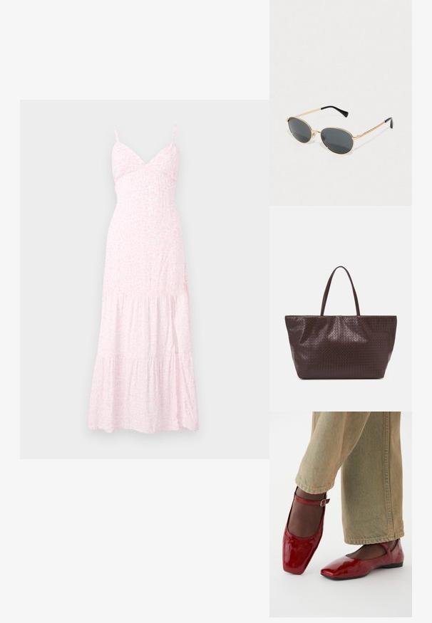 Šviesiai rožinė gėlių maksi suknelė su plonomis petnešomis, prigludusia dideliu, ir sluoksniuotais volanais apatinėje dalyje. Pagaminta iš švelnios, lengvos medžiagos.; Raudoni lakinės odos batai su kvadratiniu pirštu, mažu kulnu ir kulkšnies dirželiu, derinami su šviesiai žaliais plačiakulkšniais džinsais. Lygus paviršius, atspindinti struktūra.; Ovaliniai saulės akiniai su tamsiais objektyvais, auksiniu metaliniu ramu ir pintomis auksinėmis šonėmis. Juodi galai ant šakelių pagerina dizainą.; Rudos pintos odinės rankinės su dviem rankenomis, struktūrine forma ir tekstūruotu paviršiumi, kuriame yra deimantiniai raštai.