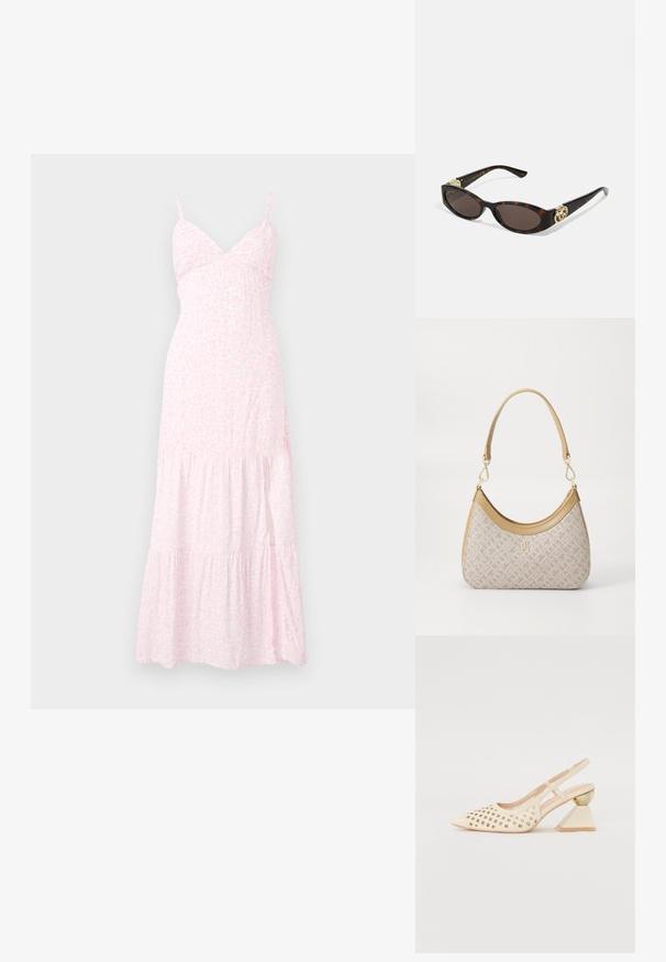 Lyserød blomster maxi-kjole med tynde stropper, en tætsiddende liv og tiered flæser ved kanten. Fremstillet af blødt, letvægtsstof.; Beige slingback sko med perforeret overdel, spids tå og en kontrasterende trekantet hæl med en guldfarvet detalje. Glat tekstur generelt.; Skildpaddemønster solbriller med aflange ovale linser, brun farve, guldlogo accenter på stængerne og slanke sorte arme.; Beige mønsteret taske med en buet form, læderdetaljer og et guldtonet logo på fronten. Har et kort håndtag for nem bæring.; Perle- og krystalhalskæde med et rundt, perlekantet design i lyse nuancer, der præsenterer skiftevis perler og glitrende detaljer, båret om halsen.