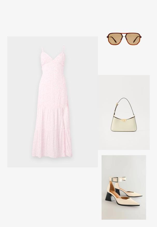 Ljusrosa blommig maxiklänning med tunna axelremmar, en figursydd bodice och flerlagers volanger i fållen. Tillverkad av mjukt, lätt tyg.; Krämm patentläder högklackade skor med triangulär tå och justerbart ankelsnöre. Har en tjock svart klack och en jämn textur.; Bruna oktagonala solglasögon med en transparent amberbåge och brunt tonade linser. Har en metalldetalj vid näsbroen och slanka bögar.; Läderhandväska i crème med en böjd form. Har en guldtonad logodetalj och ett tunt, justerbart mörkt band.