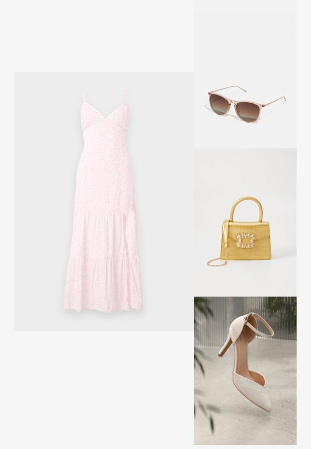 Jasnoróżowa, kwiatowa sukienka maxi z cienkimi ramiączkami, dopasowanym gorsetem i warstwowymi falbanami u dołu. Wykonana z miękkiego, lekkiego materiału.; Białe buty na wysokim obcasie z gładkiego materiału, z wypłaszczonym noskiem i paskiem na kostkę. Wnętrze w jasnym odcieniu brązu, z akcentami w kolorze złotym.; Brązowe okulary przeciwsłoneczne w gradientowym kolorze z przezroczystym różowym ramkiem, w kształcie kwadratu, z cienkimi metalowymi zausznikami. Posiadają zaokrąglone krawędzie i minimalne wykończenie.; Żółta torebka z faux-krokodylka o wyrafinowanej konstrukcji, z górnym uchwytem, odpinanym łańcuszkiem oraz dekoracyjnym kryształowym zdobieniem na zapięciu.