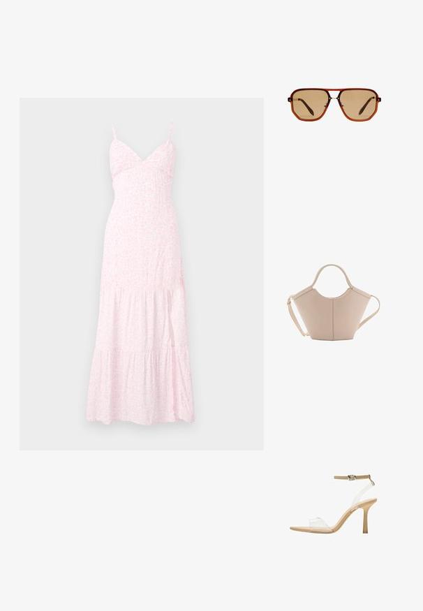 Svijetloružičasta cvjetna maksi haljina s tankim naramenicama, uskim korzetom i slojevima volana na rubu. Izrađena od mekanog, laganog materijala.; Sandal s prozirnim potplatom i prozirnim gornjim dijelom, bež uloškom i tankim remenom oko gležnja. Ima špicasti vrh i tanak visoki potplat.; Smeđe osmerokutne naočale za sunce s prozirnim jantarno smešanim okvirom i smešanim lećama. Sadrže metalni detalj na nosu i vitke tempere.; Bež kožna torba jedinstvenog oblika, s dva kratka ručka i dugom podesivom trakom. Glatka tekstura s minimalnim metalnim dodacima.